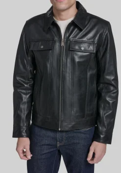 Cole Haan Traditional Fit Leather Trucker Jacket