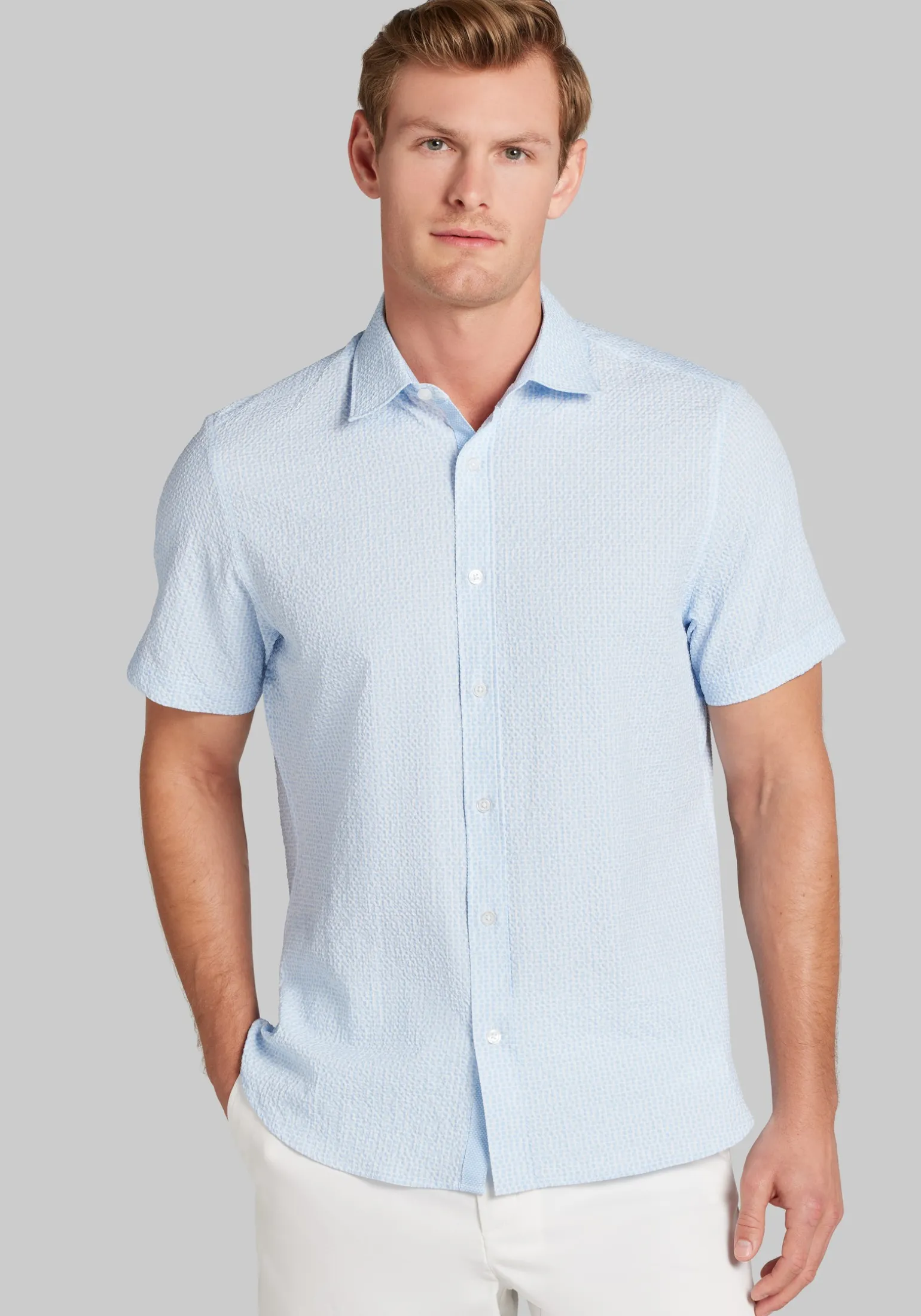 Con.Struct Slim Fit Solid Seersucker Short Sleeve Button Up Shirt