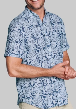 Johnston & Murphy Tailored Fit Floral Tile Short Sleeve Linen Blend Button Up Shirt