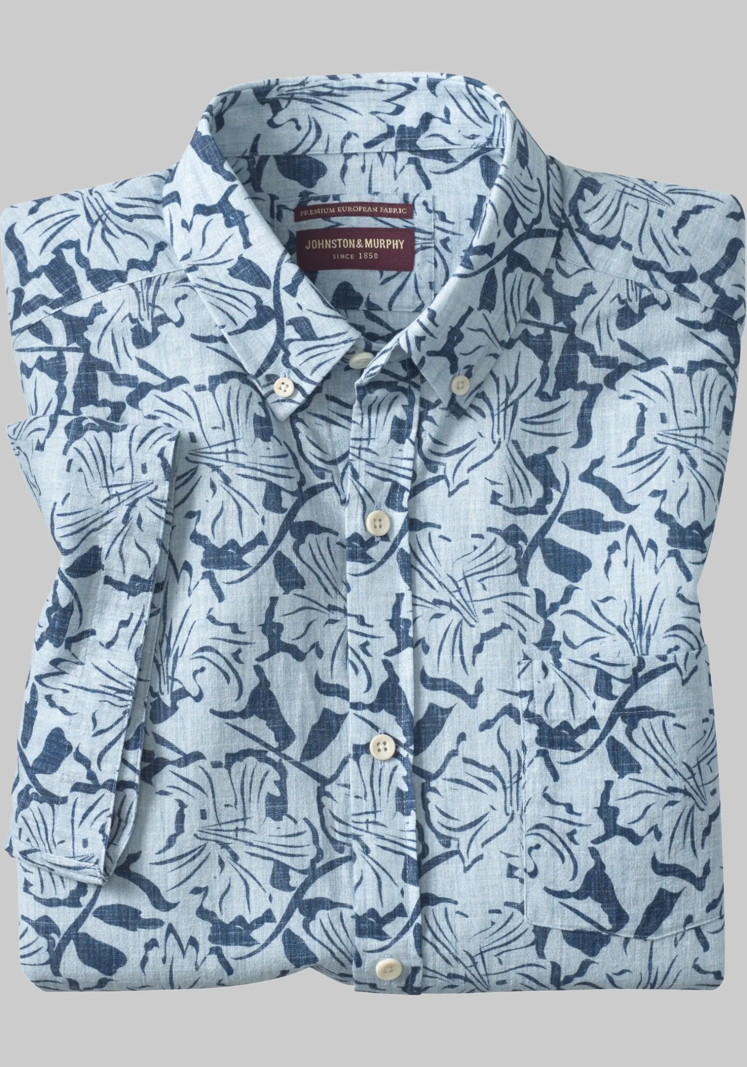 Johnston & Murphy Tailored Fit Floral Tile Short Sleeve Linen Blend Button Up Shirt