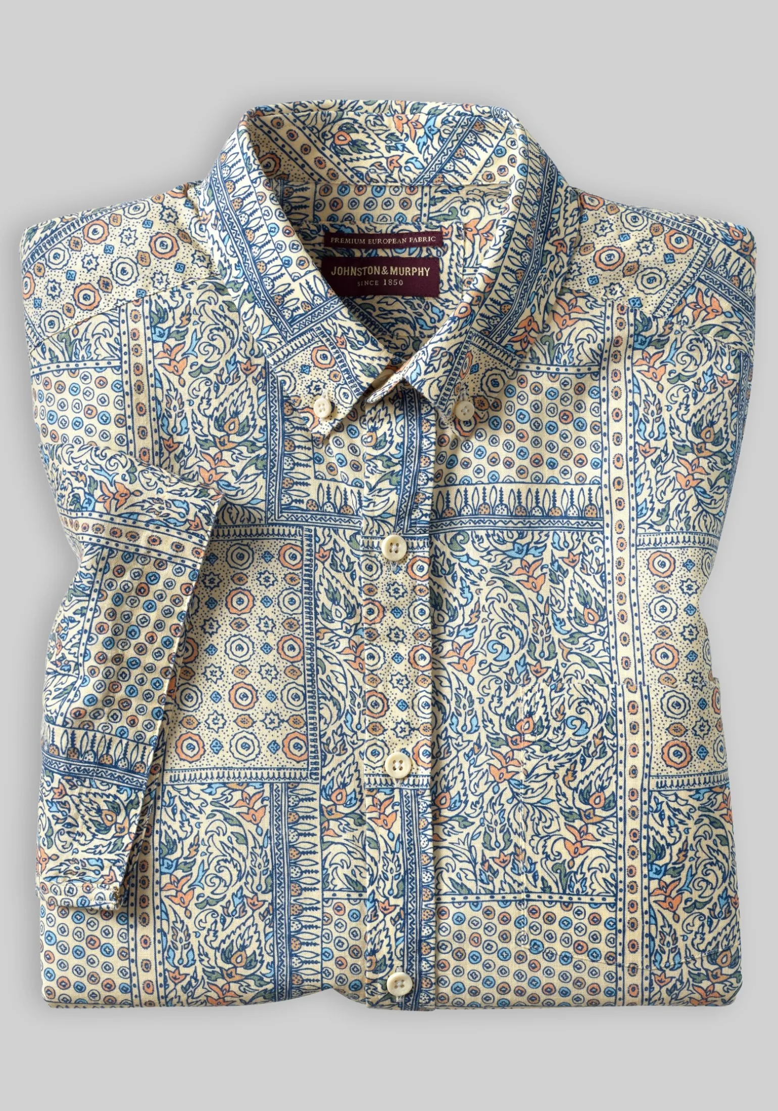 Johnston & Murphy Tailored Fit Floral Tile Short Sleeve Linen Blend Button Up Shirt