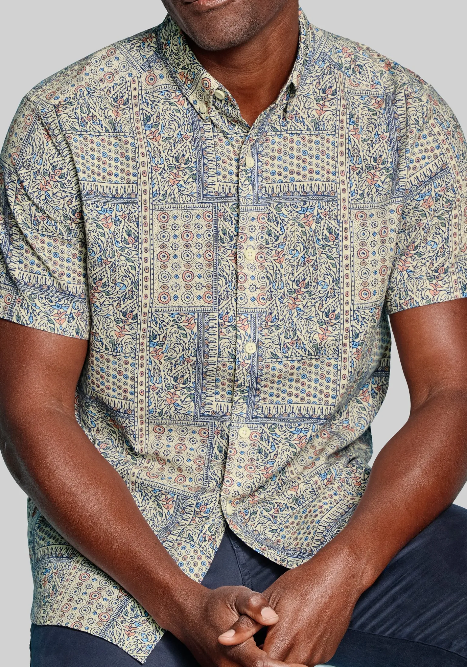 Johnston & Murphy Tailored Fit Floral Tile Short Sleeve Linen Blend Button Up Shirt