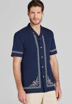 Jos. A. Bank Tailored Fit Border Embroidered Short Sleeve Button Up Shirt - Big & Tall