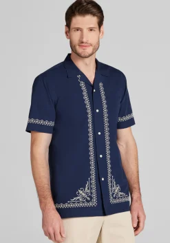 Jos. A. Bank Tailored Fit Border Embroidered Short Sleeve Button Up Shirt