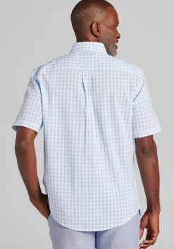 Jos. A. Bank Tailored Fit Buffalo Check Seersucker Short Sleeve Button Up Shirt