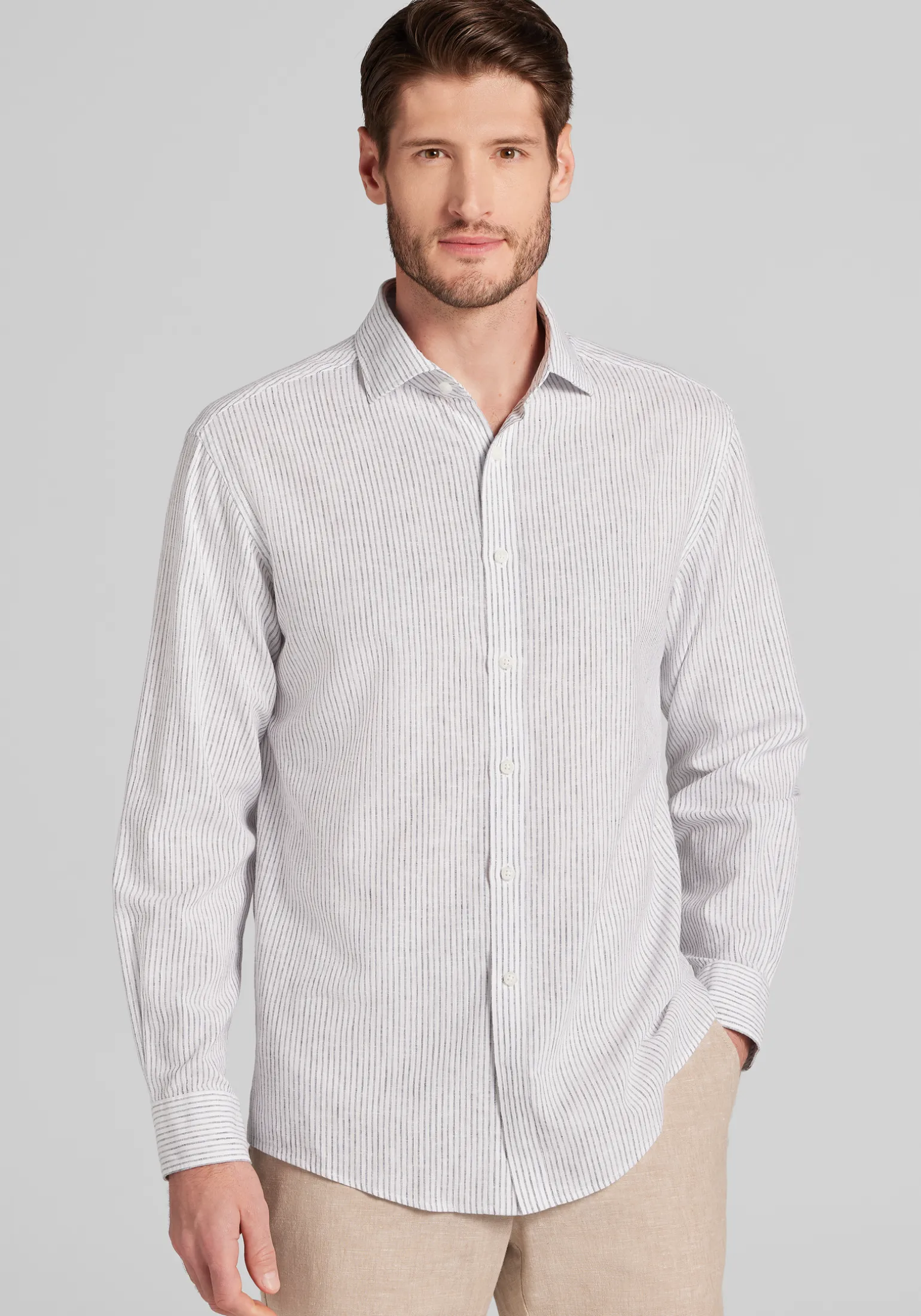 Jos. A. Bank Tailored Fit Chalk Stripe Linen-Cotton Blend Button Up Shirt