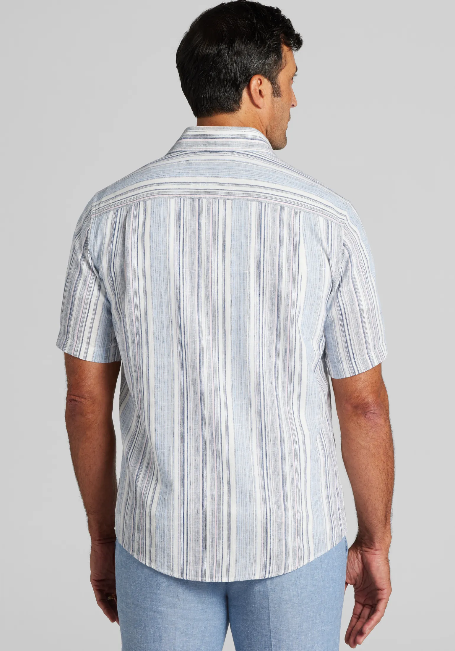 Jos. A. Bank Tailored Fit Ombre Stripe Linen Blend Short Sleeve Sportshirt CLEARANCE