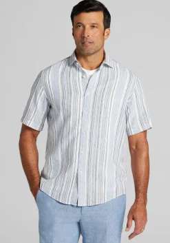Jos. A. Bank Tailored Fit Ombre Stripe Linen Blend Short Sleeve Sportshirt CLEARANCE