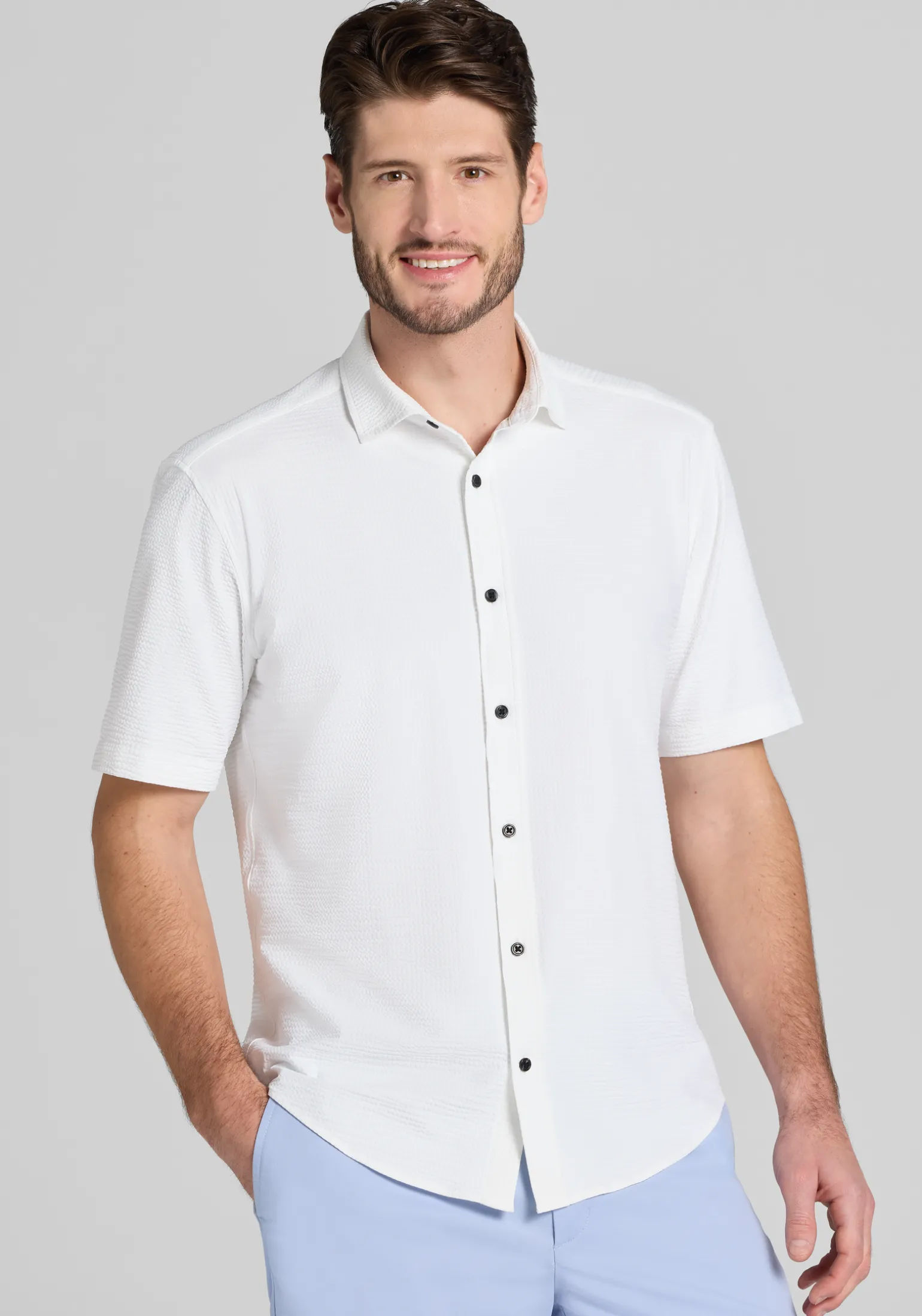 Jos. A. Bank Tailored Fit Seersucker Short Sleeve Button Up Shirt - Big & Tall