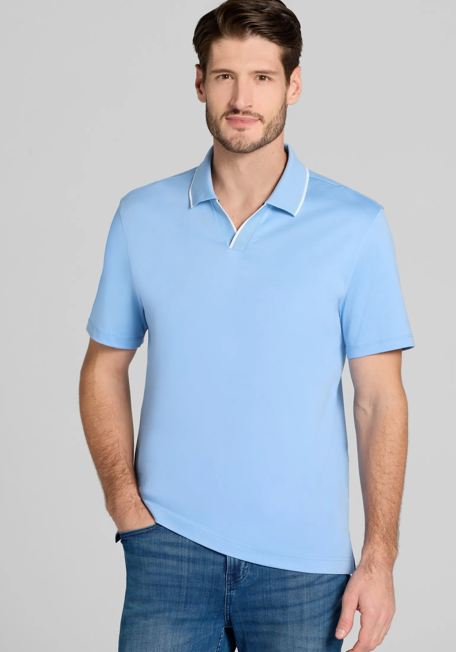 Jos. A. Bank Tailored Fit Short Sleeve Liquid Cotton Interlock Johnny Polo
