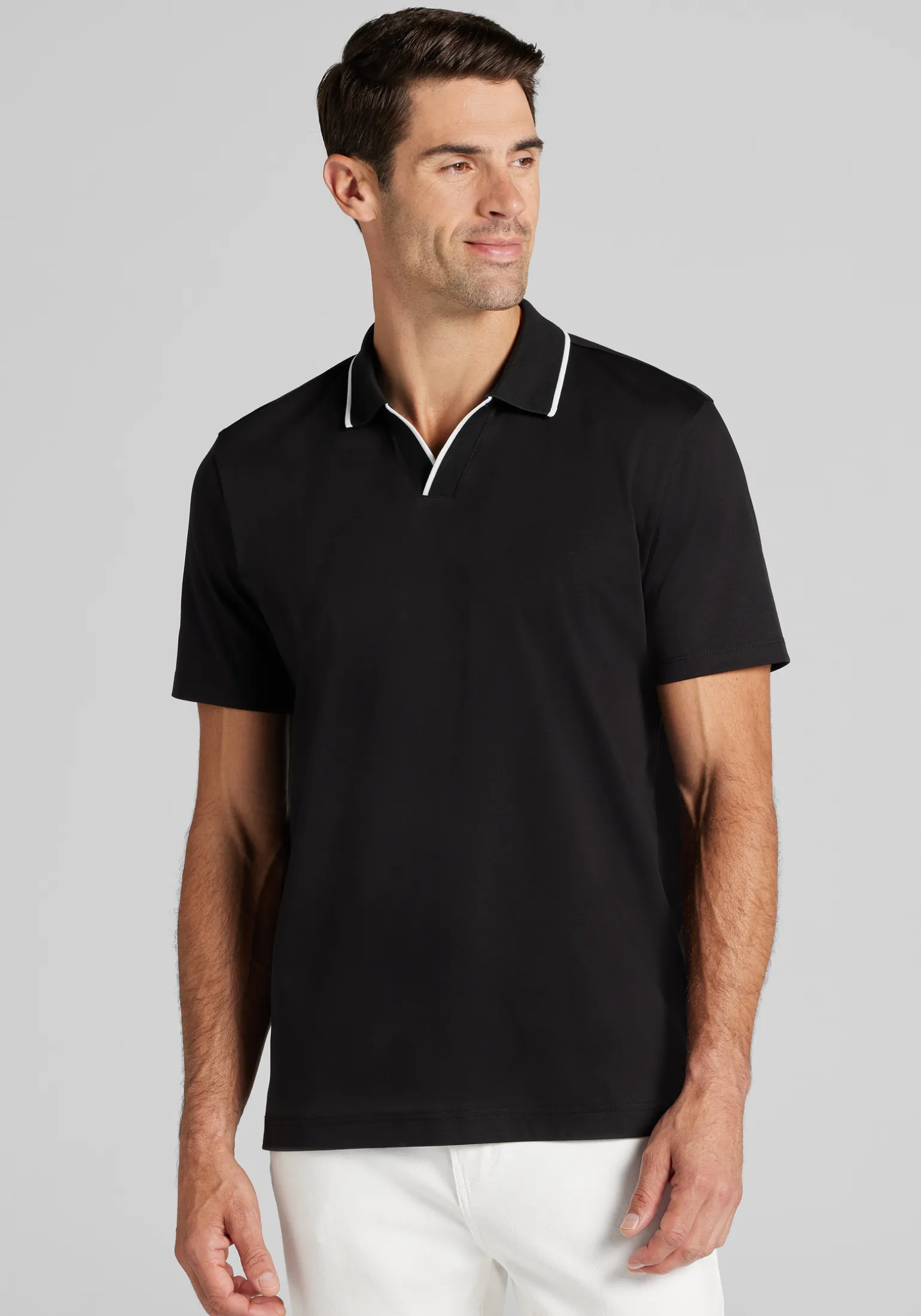 Jos. A. Bank Tailored Fit Short Sleeve Liquid Cotton Interlock Johnny Polo