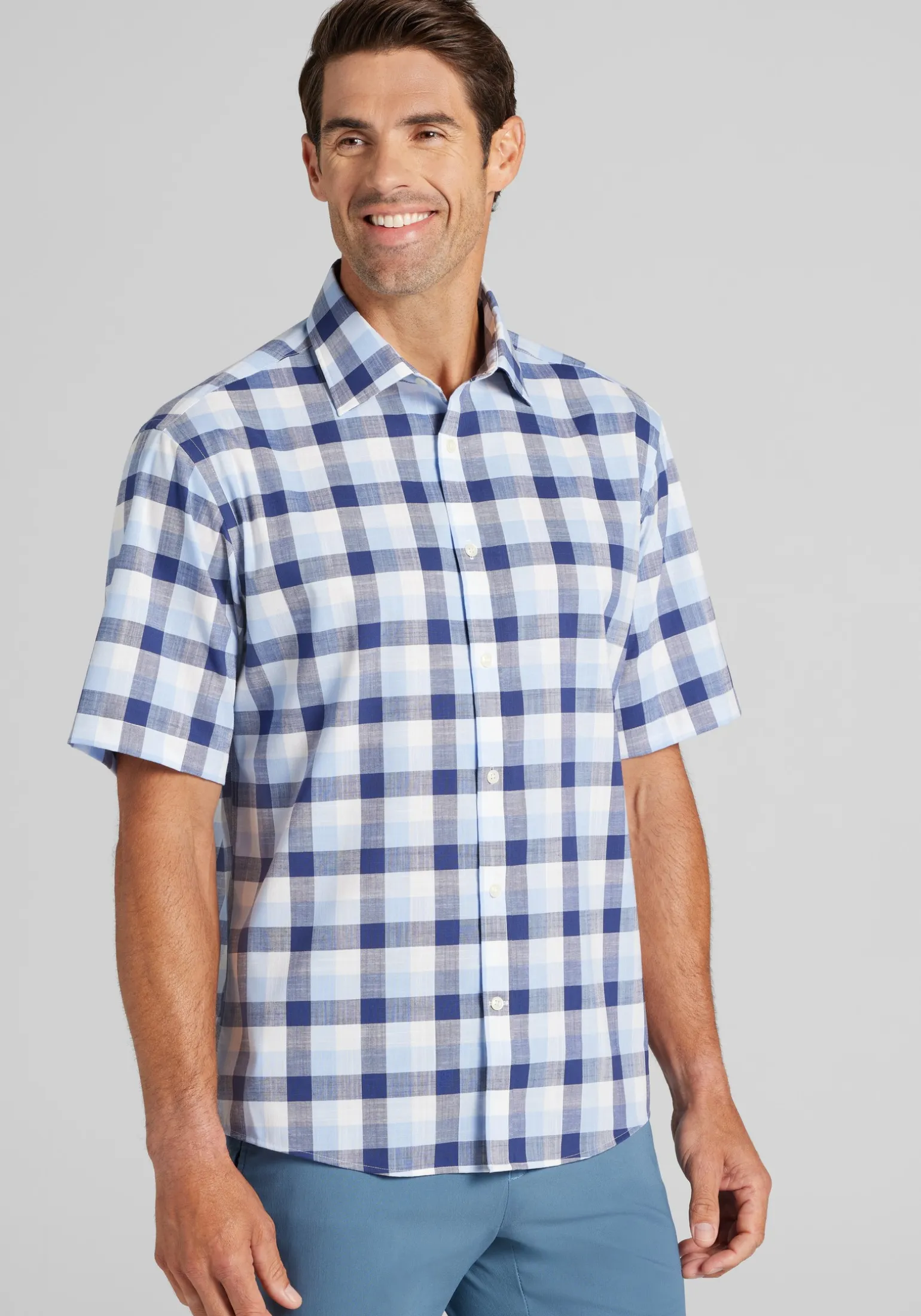 Jos. A. Bank Traditional Fit Grid Check Short Sleeve Button Up Shirt