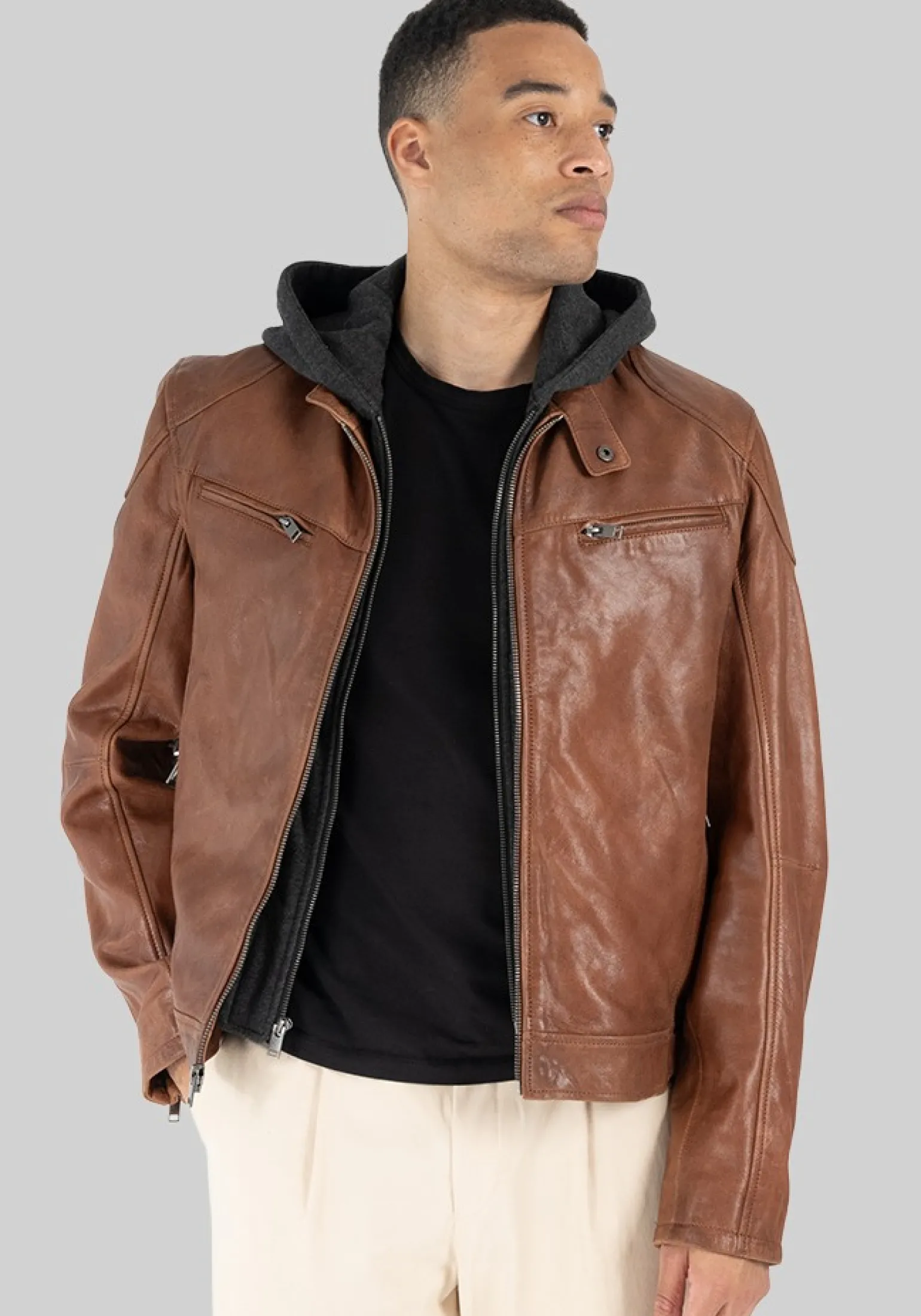 Mauritius Traditional Fit Leather Bomber Jacket With Removable Hood