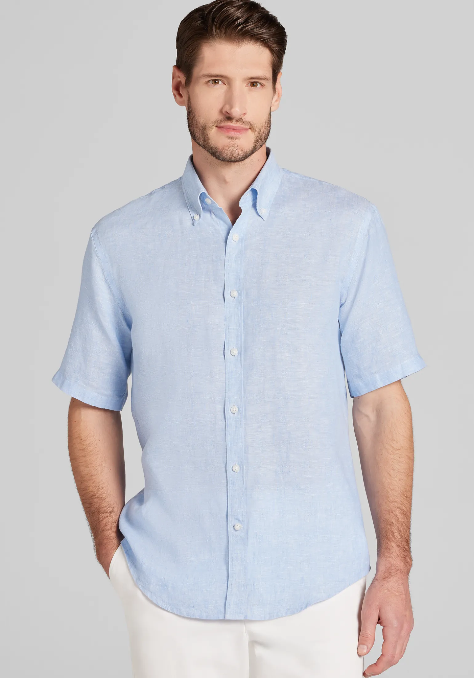 Reserve Collection Tailored Fit Linen Short Sleeve Button Up Shirt - Big & Tall
