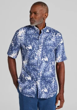 Reserve Collection Tailored Fit Monstera Leaf Linen Short Sleeve Button Up Shirt - Big & Tall