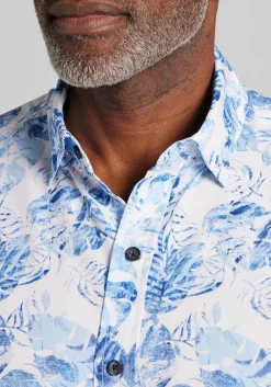Traveler® COOLMOTION Tailored Fit Faded Palm Leaf 4-Way Stretch Short Sleeve Button Up Shirt - Big & Tall