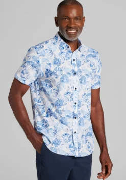 Traveler® COOLMOTION Tailored Fit Faded Palm Leaf 4-Way Stretch Short Sleeve Button Up Shirt
