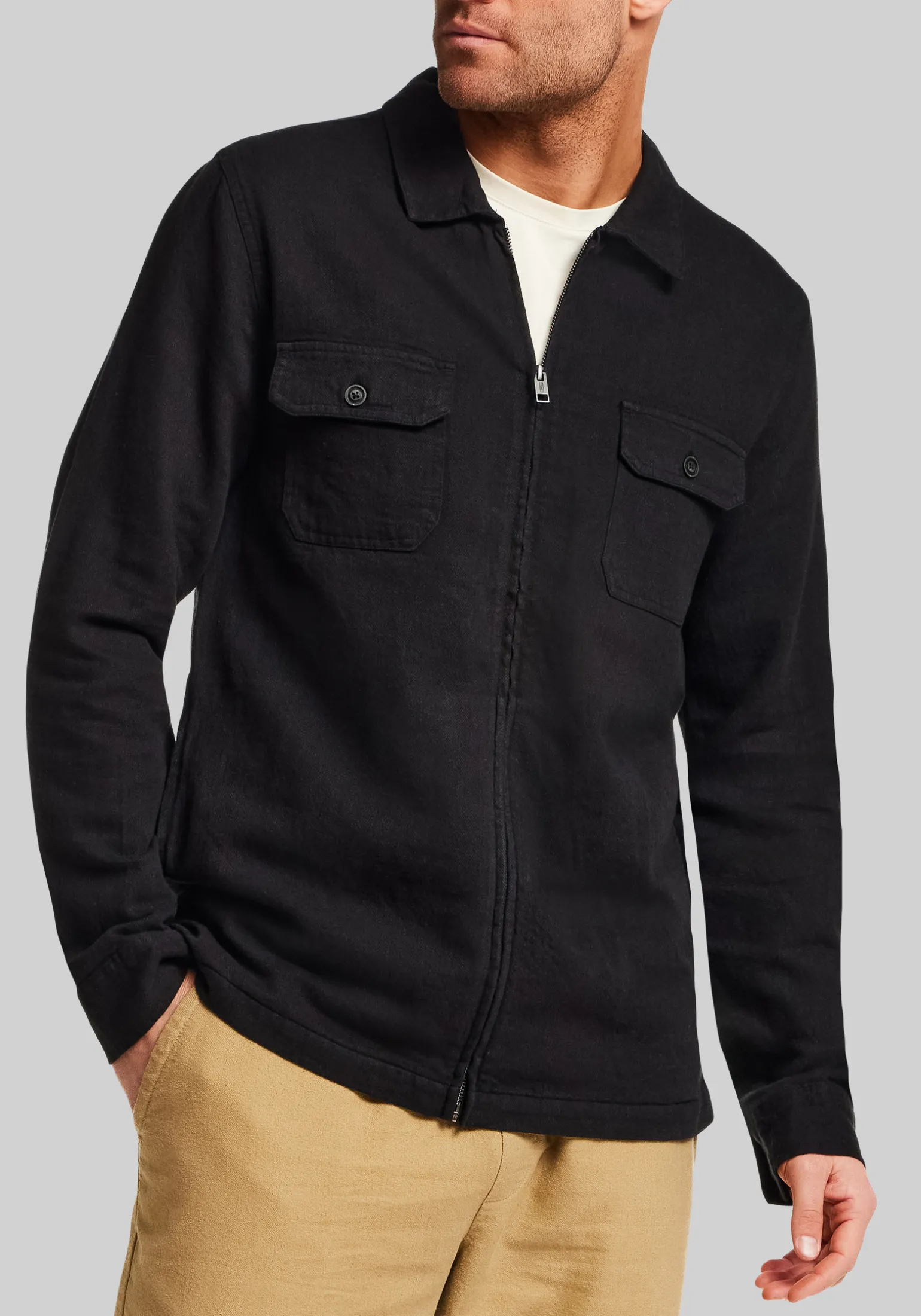 Vintage & Black Traditional Fit Linen-Blend Zip-Up Overshirt