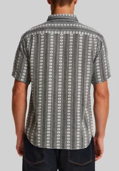 Vintage & Black Traditional Fit Embroidered Flower Striped Short Sleeve Shirt
