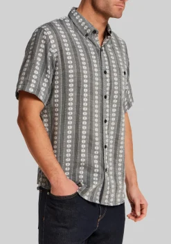 Vintage & Black Traditional Fit Embroidered Flower Striped Short Sleeve Shirt