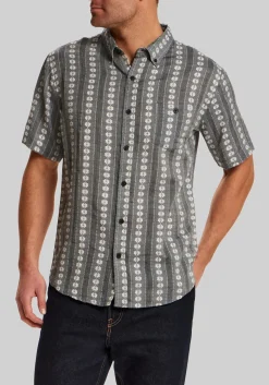 Vintage & Black Traditional Fit Embroidered Flower Striped Short Sleeve Shirt